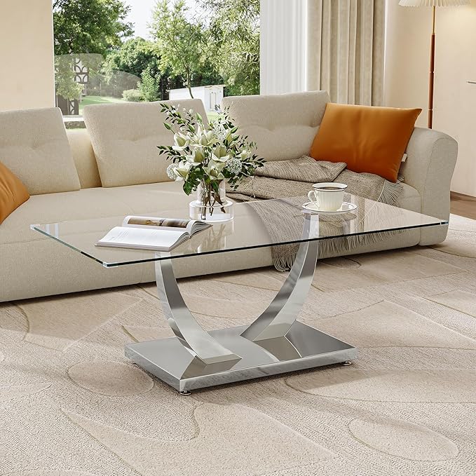 47" Glass Coffee Table, Modern Rectangular Center Table with Tempered Glass Top and Silver Horn-Shaped Stainless Steel Base for Apartment, Office