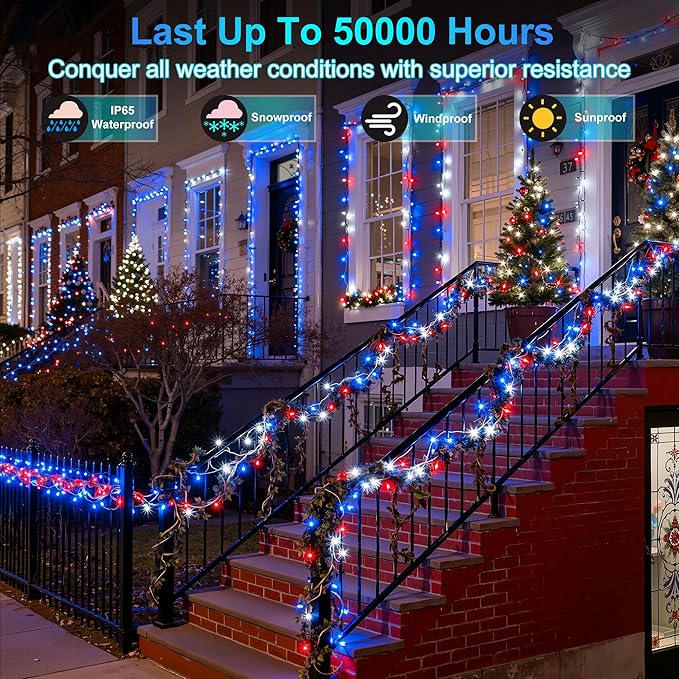 350LED 90FT Christmas Lights Indoor Outdoor, 12 Modes Red Blue and White Outdoor String Lights with Timer & Dimmable, Green Wire Christmas String Lights for Xmas Patio Yard Fence Bedroom Garden Decor