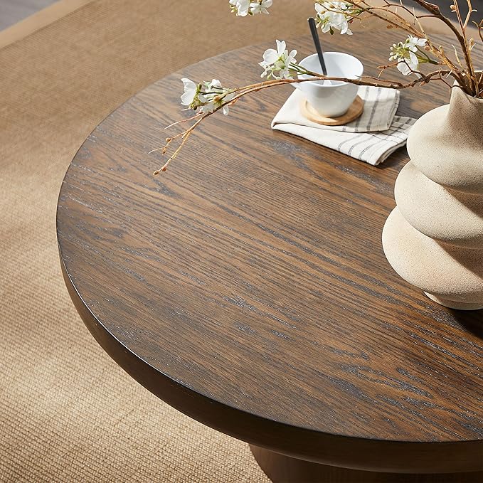 36" Round Coffee Table Solid Wood Coffee Table for Living Room Rustic Retro Circle Coffee Table Pedestal Center Table for Apartment, Easy Assembly (Dark Brown)