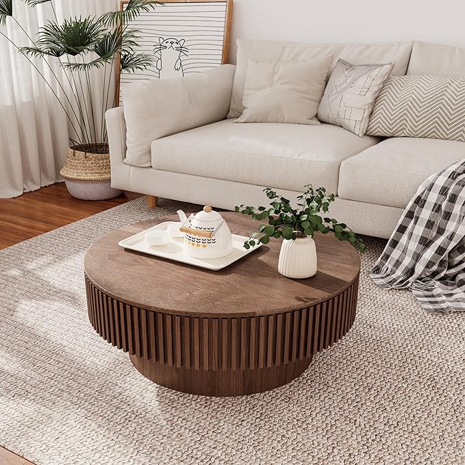 31.5" Round Coffee Table with Hidden Storage Compartment, Modern Handcraft Fluted Drum Coffee Table, Wooden Circle Center Table Cocktail Tea Table with Sturdy Pedestal for Living Room, Walnut
