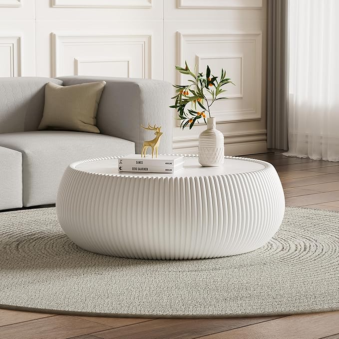 27.55" White Round Coffee Table, Drum Coffee Table with Sintered Stone Tabletop and Fluted PU Leather Covered and Stable Base, Circle Cocktail Tea Table for Living Room