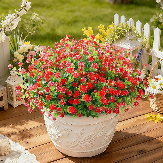 SITUMEIZI 8 Bundles Red Artificial Flowers Outdoor Fake Flower Plastic UV Resistant Shrubs Greenery Plants Hanging Decorations Garden Porch Window Box Farmhouse Outside Summer Indoor Decor