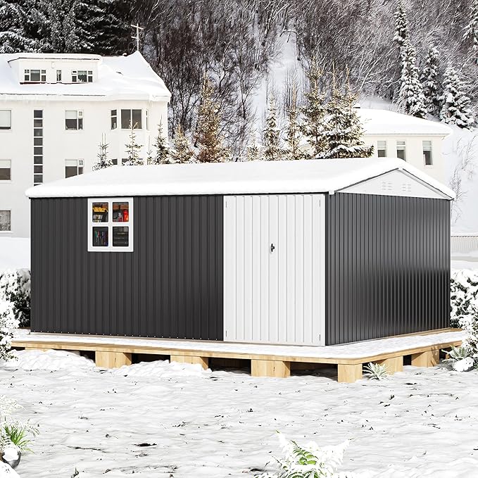 12x14 FT Outdoor Metal Storage Shed with Window, Large Lockable Metal Garden Tool Shed with Heavy-Duty Frame for Backyard, Patio, and Lawn, Black