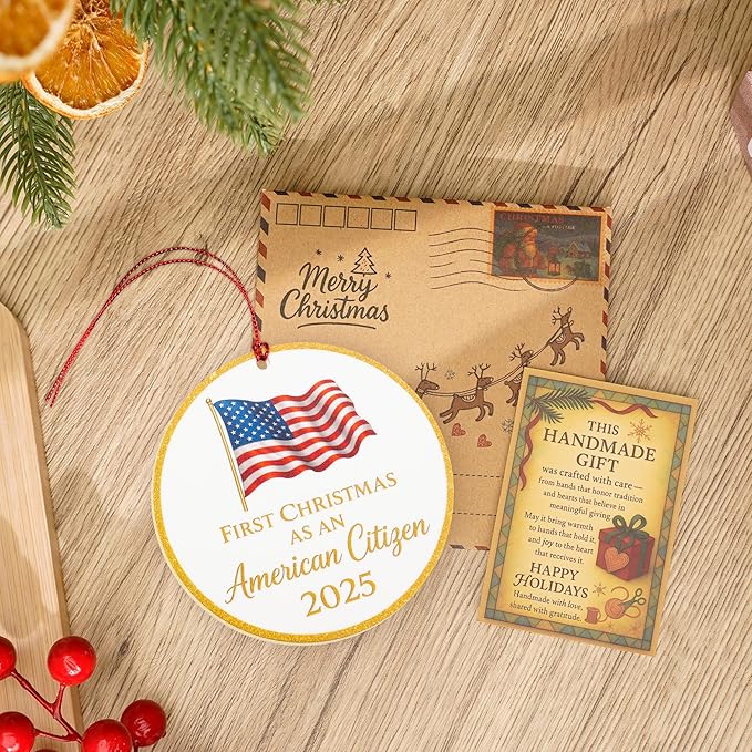 First Christmas as American Citizen Ornament 2025 – Patriotic American Flag Christmas Ornament – Citizenship Gift for New US Citizen – USA Immigration Celebration Keepsake