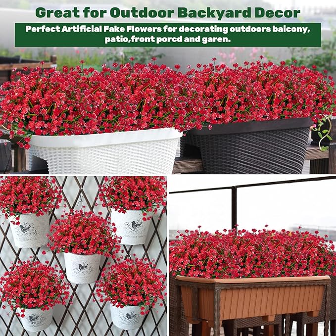 Lnoicy 10pcs Artificial Flowers for Outdoor,Plastic Flowers Decoration, UV Resistant Faux Flowers Shrubs, Artificial Plants for Indoor Outside Garden Home Wedding Farmhouse(Red)