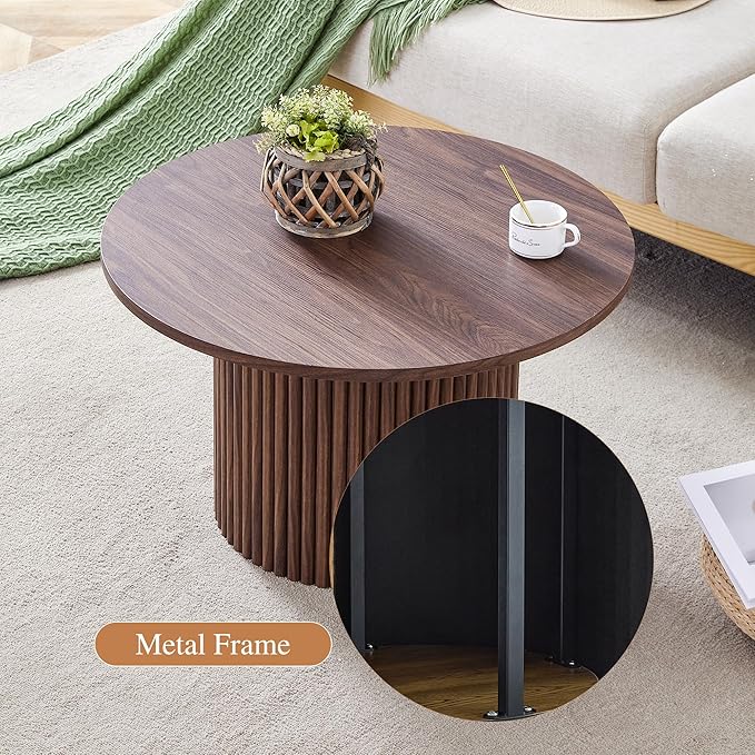 Small Round Coffee Table with Storage, 27.5IN Circle Wood Center Table Minimalist Fluted Coffee Table for Living Room (HT)