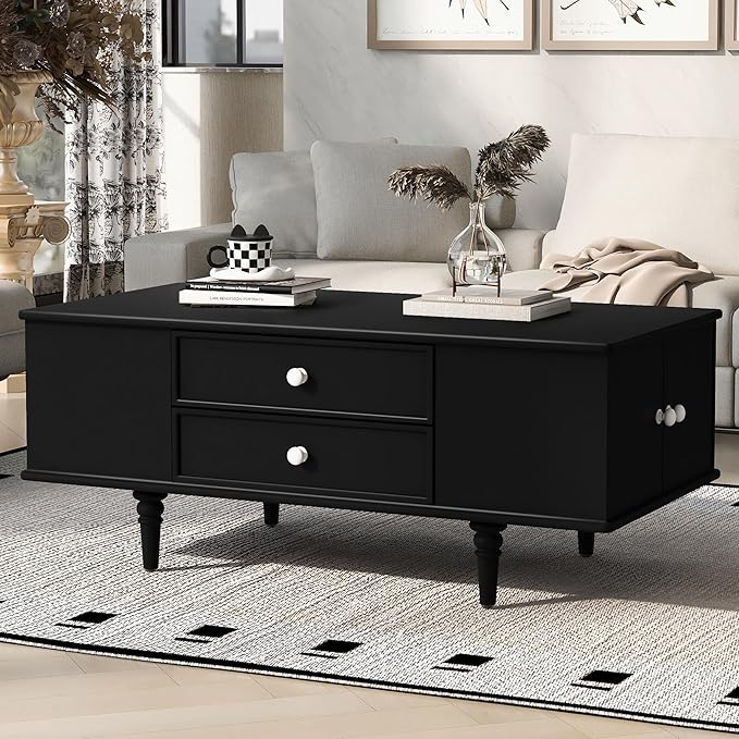 Modern Wooden Coffee Table with Hidden Storage Cabinets and Drawers, 47.2-Inch Rectangular Center Cocktail Table with Solid Wood Legs for Living Room, Black