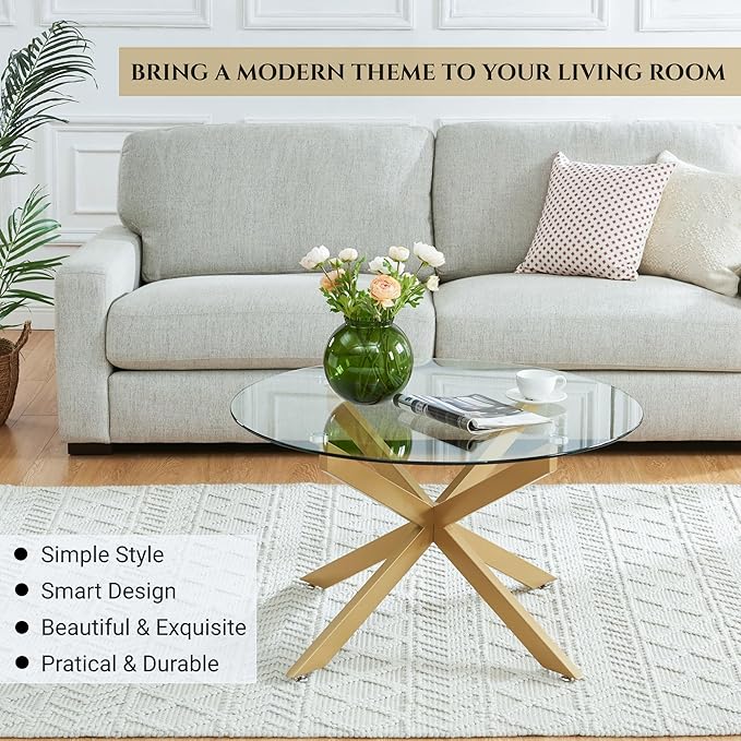 Gold & Round Glass Coffee Tables for Living Room, Home Office, Modern & Simple Center Table with Clear Tempered Glass Top, 35.5" Wx19.7 H