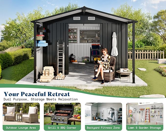 AMERLIFE 10x16.6x7.3 FT Outdoor Storage Shed with Lounge Area, Metal Garden Shed with Sliding Doors, 2 4-Pane Windows & 4 Vents, Heavy-Duty Weather-Resistant Steel for Garden & Backyard, Dark Gray