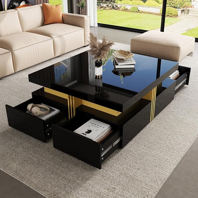 Merax 43.3" Modern Glossy Square Storage Coffee Table with 4 Drawers, Gold Accents, Functional Center Tables for Living Room Apartment, Glossy Black