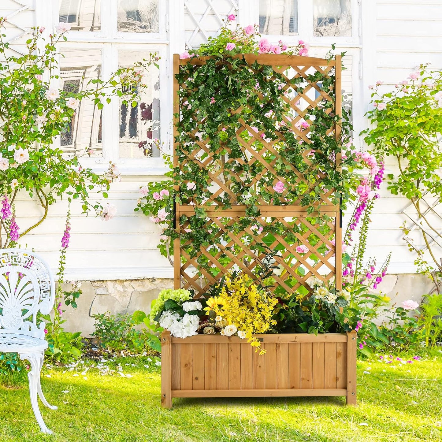 HAPPYGRILL 2 Pcs Raised Garden Bed, 71" Garden Planter with Trellis, Drainage Holes, Freestanding Garden Planter for Vine Climbing Plants, Wooden Planter Box for Yard Balcony (Yellow)