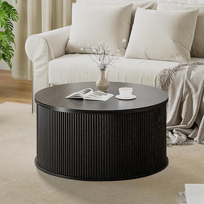 Lift Top Coffee Table, Fluted Round Coffee Table with Storage, Farmhouse Center Dining Table Circle Table for Living Room, Apartment, Home Office (Black)