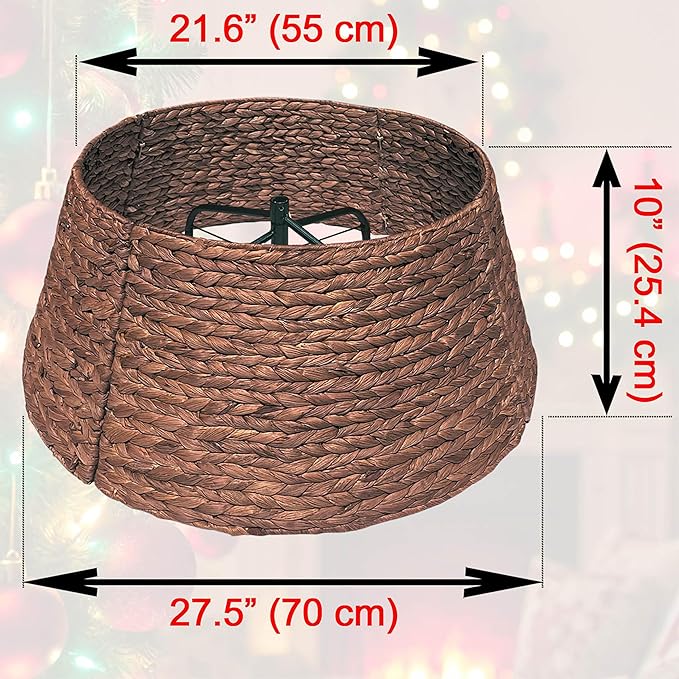Handwoven Christmas Tree Collar – Natural Water Hyacinth Rattan Ring, Rustic Boho Holiday Decoration for Artificial Trees, Cozy Farmhouse Look (27 inch, Brown Wash)