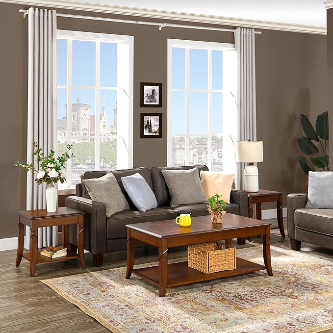 2-Set Solid Wood Side Table with Storage Shelf, Cherry Wood End Tables Living Room, Traditional Style End Table, Vintage Beside Table with Curved Legs for Apartment, Cherry Walnut Accent Table