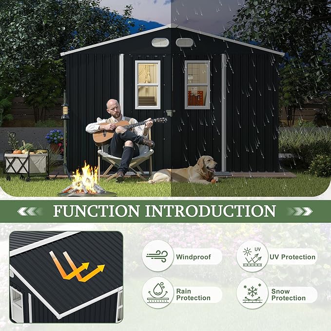 KEIKI Large 8x10 Metal Shed with Four Windows, Lockable Outdoor Storage Shed for Backyard, Tiny House Sheds, Metal Storage Shed for Tools & Equipment, Sheds and Outdoor Storage, Dark Gray