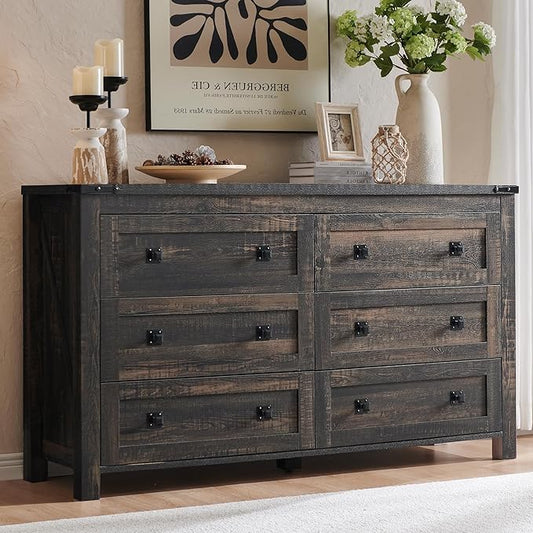 T4TREAM Farmhouse 6 Drawers Dresser for Bedroom, Wood Rustic Wide Chest of Drawers, Storage Dressers Organizer for Bedroom, Living Room, Hallway, Dark Rustic Oak