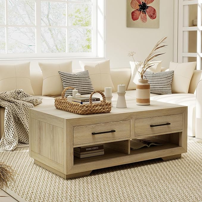 48" Coffee Table with 4 Storage Drawers and Open Shelf, Metal Handles, Solid Rectangular Modern Luxury Farmhouse Table for Living Room, Home Office, Natural