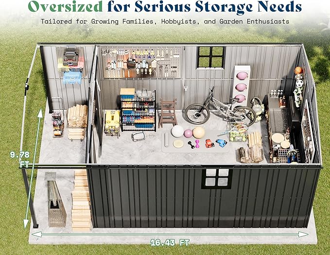 AMERLIFE 10x16.6x7.3 FT Outdoor Storage Shed with Lounge Area, Metal Garden Shed with Sliding Doors, 2 4-Pane Windows & 4 Vents, Heavy-Duty Weather-Resistant Steel for Garden & Backyard, Dark Gray