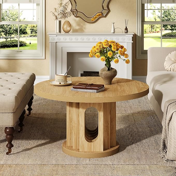 31.5" Round Coffee Table, Small Wooden Circle Center Table Hole Panel Splice Design Coffee Tables for Living Room, Thickened Edge MDF Board, Natural Oak