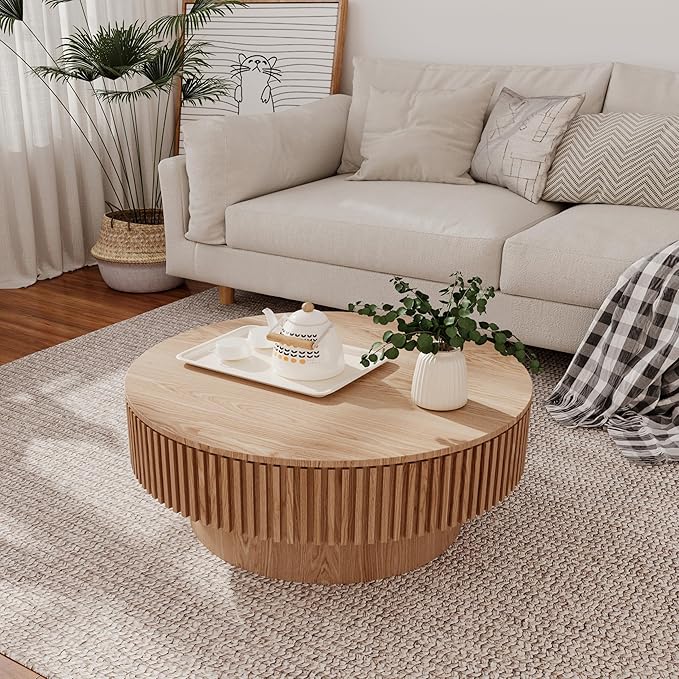 31.5" Round Coffee Table with Hidden Storage Compartment, Modern Handcraft Fluted Drum Coffee Table, Wooden Circle Center Table Cocktail Tea Table with Sturdy Pedestal for Living Room,Natural