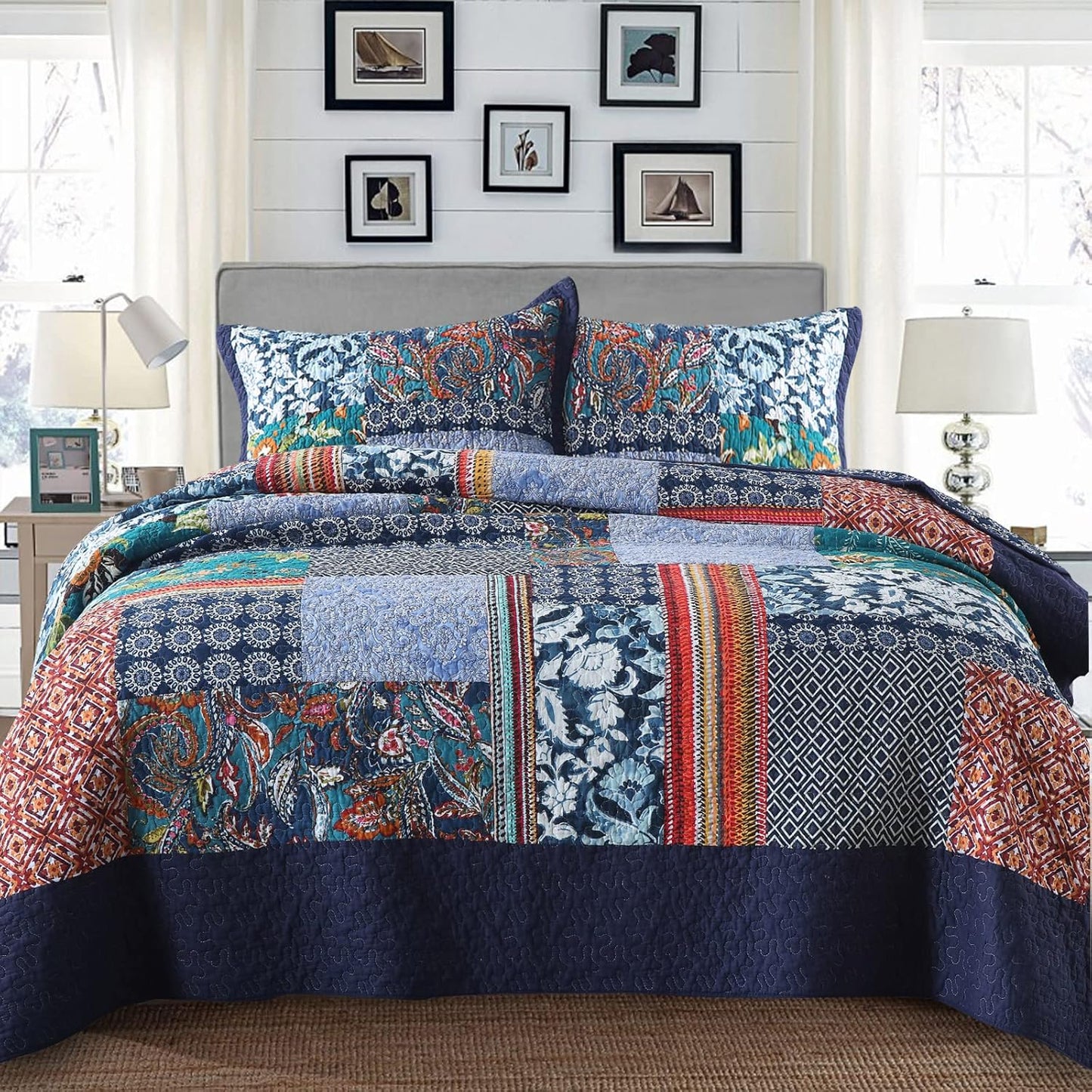 Yvooxny King Quilt Set Reversible Lightweight Bohemian Paisley Patchwork Cotton Quilted Bedspread Coverlet Set 3-Piece Bedding Set with Pillowcases for All Seasons, King Size, 108 * 96 Inches