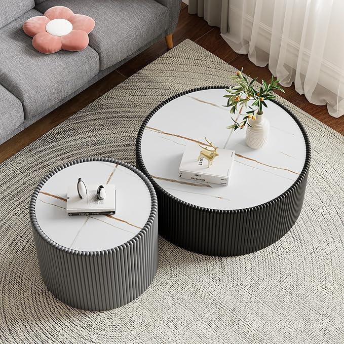 Round Living Room Table Set, 29.52" Black Drum Center Table and 17.71" Grey Coffee Table Set, 2 Pieces Coffee Table Set with Sintered Stone Tabletop, Fluted PU Leather Covered and StableBase