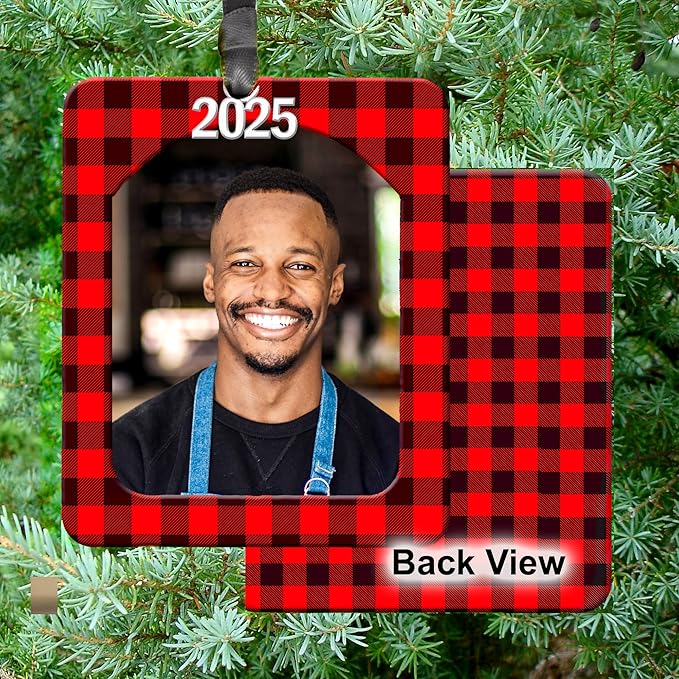 2025 Photo Ornaments for Christmas Tree, Classic Red and Black Buffalo Plaid Christmas Frame Ornament, Easy-Load Magnetic Design, with Satin Ribbon, Silver Charm Plus Photo Protector, Vertical