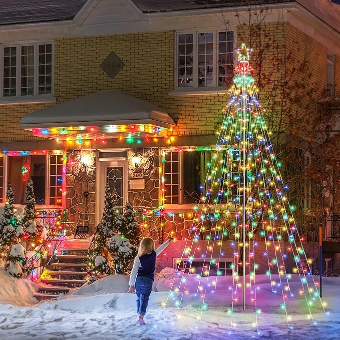 Flacchi 10 FT 404 LED Star String Lights Outdoor - Pole Set with Remote, Multiple Lighting Modes, Timer, and Waterproof Feature for Ultimate Holiday Decor (Multicolor)