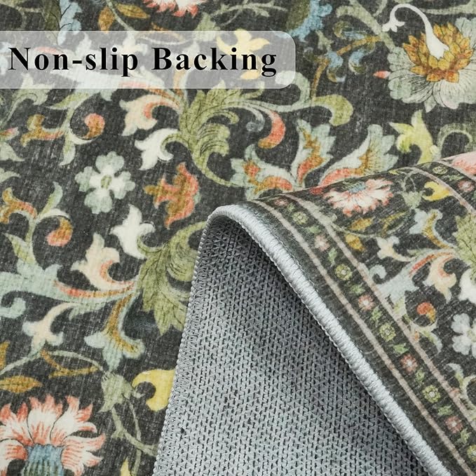 Washable 2x3 Entryway Area Rugs: Vintage Soft Floral Thin Doormat with Non Slip Backing Water Resistant Bathroom Laundry Rug for Kitchen Indoor Carpet for Bedroom Low Pile Floor Mat (2x3,Green)