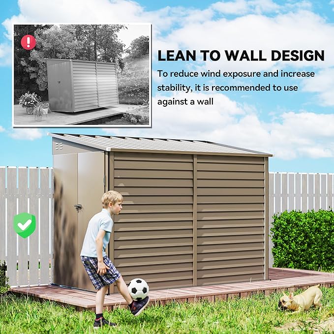 Outsunny 4.6' x 9' Steel Outdoor Storage Shed, Lean to Shed, Metal Tool House with Foundation Kit, Lockable Doors, Gloves and 2 Air Vents for Backyard, Patio, Lawn, Brown