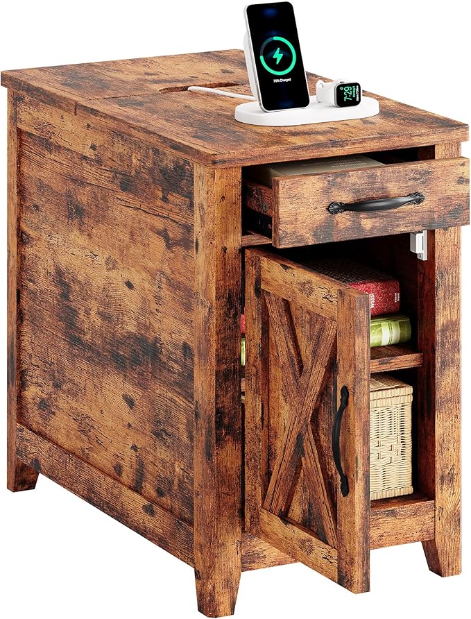 IRONCK End Table with Charging Station, Narrow Side Table for Living Room, Farmhouse Night Stand for Bedroom, Beside Table with Storage and Drawer for Home, Vintage Brown