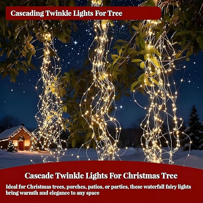 2026 Upgrade Cascading Twinkle Lights for Christmas Tree Waterfall Lights, 8 Modes 100-600 Christmas LED Firefly Twinkle String Lights Battery Powered (Warm Light,1m/3.28ft 20 Strips 200 Lights)