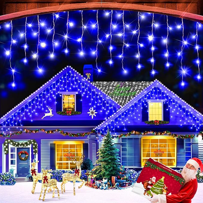 XURISEN 66ft Christmas Lights Decorations Outdoor, 640 LED 8 Modes Curtain Fairy Lights with 120 Drops,Plug in Waterproof Timer Memory Function for Christmas Holiday Wedding Party Decor(Blue)