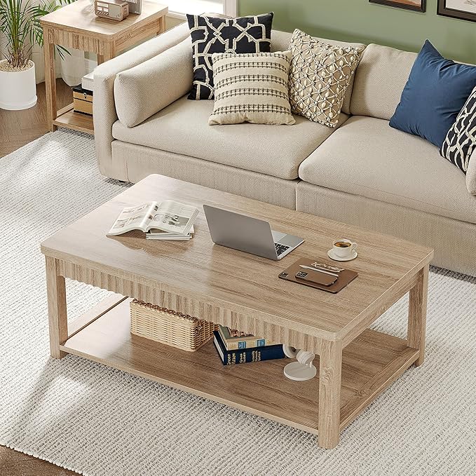 Coffee Table, 39 Inch Modern Coffee Tables for Living Room with 2-Tier Storage & Wave-Edge, Oak Center Table for Bedroom/Office