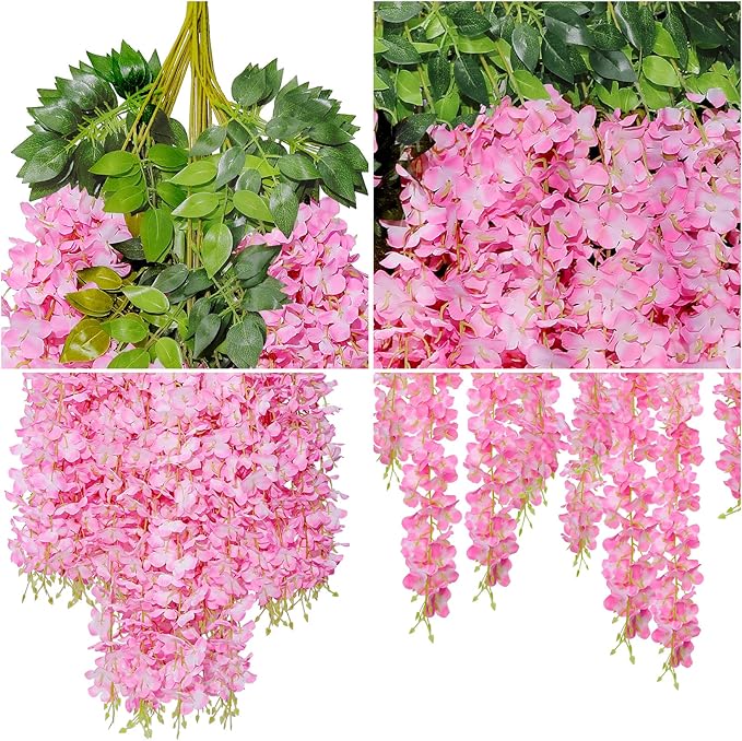 U'Artlines 24 Pack (Total 86.4 Feet) Artificial Fake Wisteria Vine Rattan Hanging Garland Silk Flowers String Home Party Wedding Decor (24, Pink)