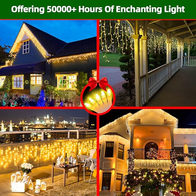 504 LED Christmas Lights with 112Drops, 50ft 12 Modes Warm White Fairy String Lights with Timer Dimmable, Waterproof Twinkle Lights for Indoor Outdoor Holiday Wedding Party Eaves Yard Christmas Decor
