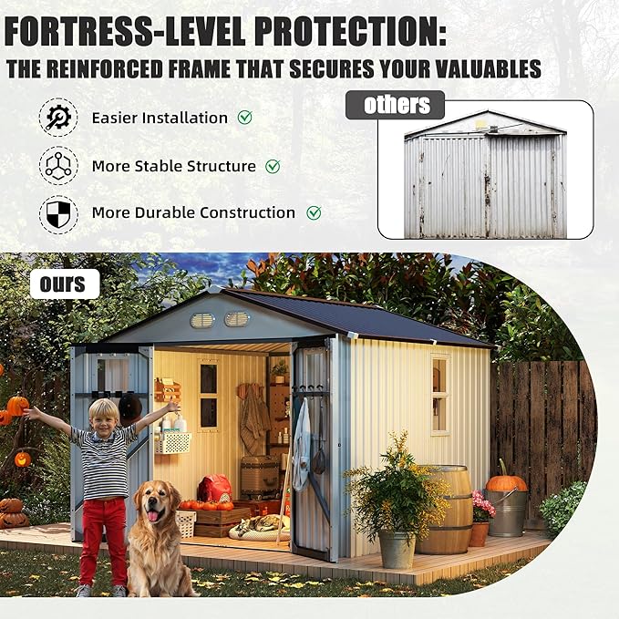 KEIKI 8x8 Metal Storage Shed with Protective Film, 4 Daylight Windows, Lockable Double Doors, Heavy-Duty Color Steel Outdoor Storage Shed for Backyard Garden, White