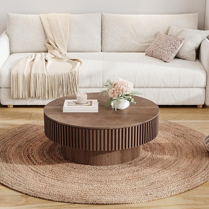 31.5" Round Coffee Table with Hidden Storage Compartment, Modern Handcraft Fluted Drum Coffee Table, Wooden Circle Center Table Cocktail Tea Table with Sturdy Pedestal for Living Room, Walnut