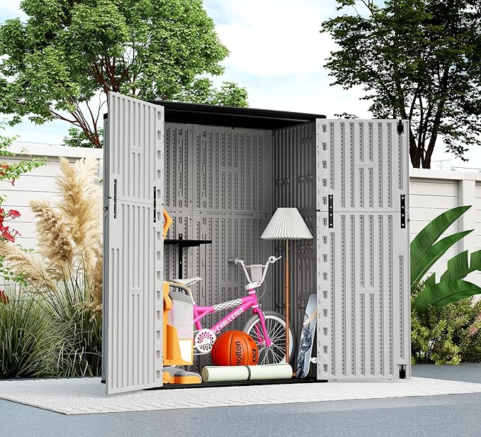 ZZM 57 Cu.ft Outdoor Storage Shed with Floor HDPE Double-Wall Resin Sheds Outdoor Storage, Lockable Weatherproof Storage Cabinet Fit for Garden Tools, Garage can, Bike, Patio Furniture, Grey
