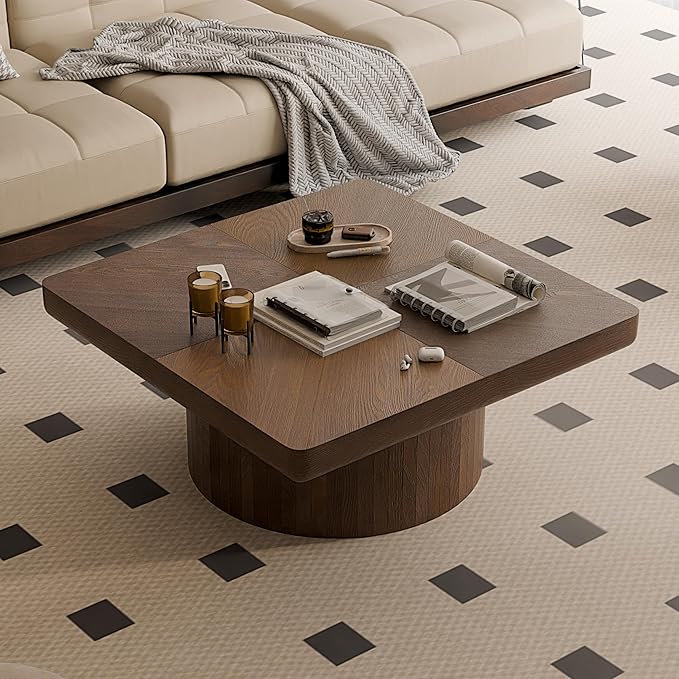 Square Coffee Table with Round Wood Pedestal Coffee Tables for Living Room, Modern Rustic Center Table Easy Assembly Walnut-ø34.6"&ø34.6 ø14.9