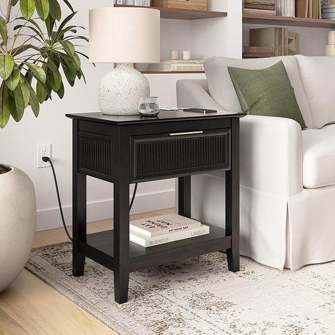 Bush Home Fluted Nightstand with Drawer, Bedroom Furniture, Camille Collection, Onyx Birch Black