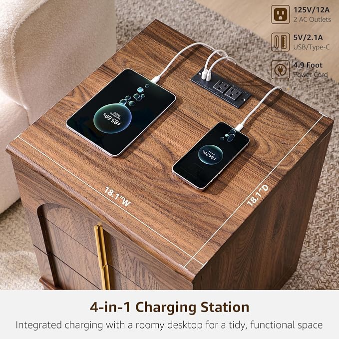 ACCOHOHO Modern Night Stand Set 2 with Arched Panel, 18" Nightstand with Charging Station, Side Table with 3 Storage Drawers, Wood Square Bedside End Table for Bedroom Living Room, Brown