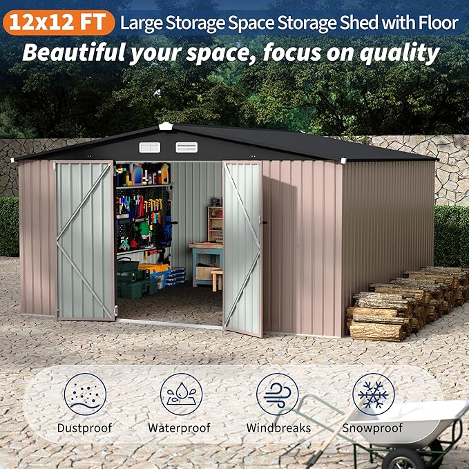 12x12 FT Metal Storage Sheds Outdoor, Metal ToolShed with Lockable Door, Metals Yard Sheds Metals Garden Shed Kit, MetalUtility Sheds Buildings with Air Vent for Backyard Garden Patio Lawn