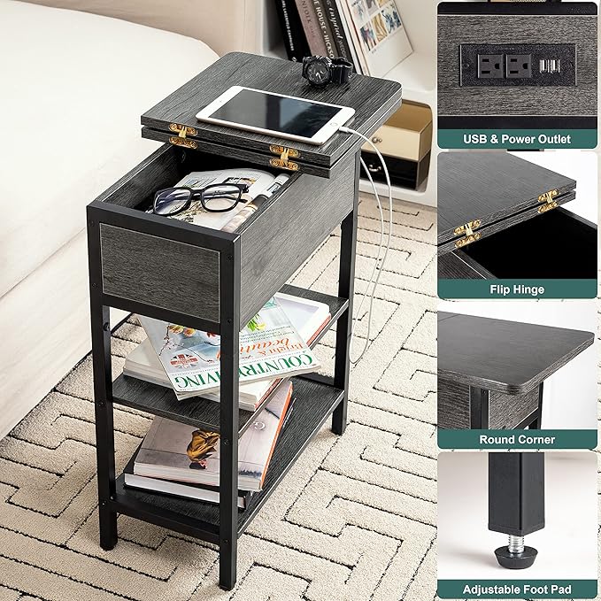 Yoobure End Table with Charging Station, Flip Top Side Table with USB Ports and Outlets, Sofa Couch Table Bedside Table for Living Room Bedroom, Narrow Nightstand with Storage Shelves for Small Space