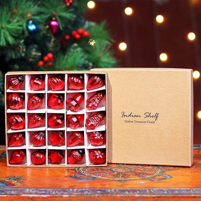 IndianShelf 50 Pieces Red Glass Vintage Christmas Ornaments Mini Bulk Decorative Ornaments for Halloween, Christmas Tree, New Year, Valentine Day, Holidays, Event and Wedding (25 * 2 Boxes)
