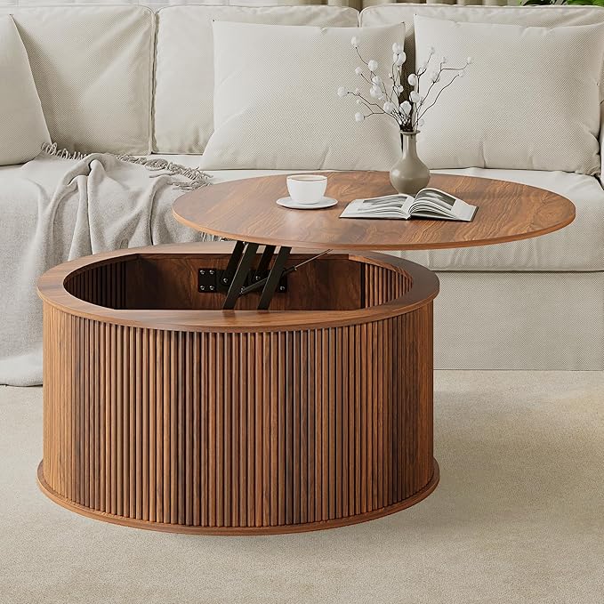 Lift Top Coffee Table, Fluted Round Coffee Table with Storage, Farmhouse Center Dining Table Circle Table for Living Room, Apartment, Home Office (Walnut)