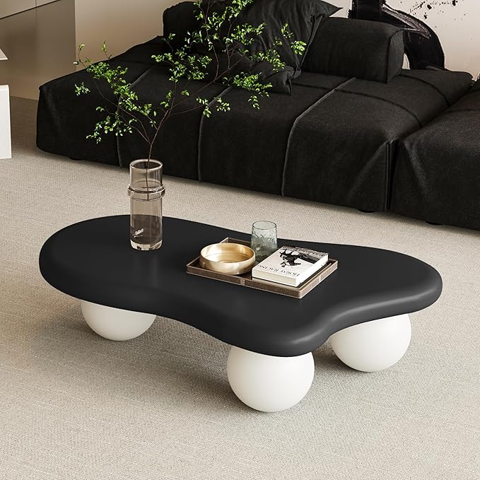 40” Cloud Coffee Table with 3 Ball Legs, Modern Lrregular Center Table for Living Room, Low Cute Small MDF Tea Table for Bedroom, Space Apartment-Black White
