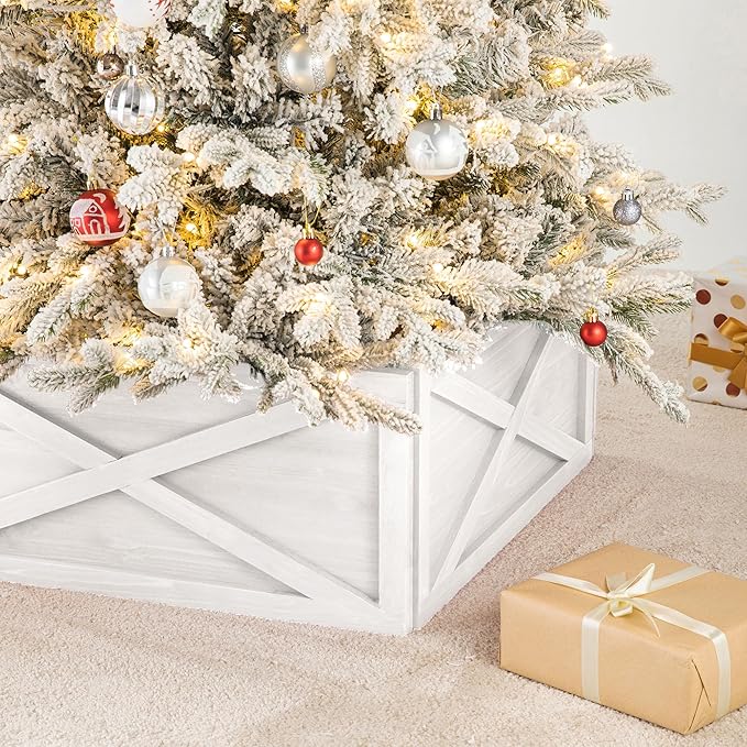 Glitzhome 22 inch Wooden Christmas Tree Collar Farmhouse Modern Stand Cover Skirt Base Box for 7.5/9 FT Artificial Xmas Holiday Decoration, Washed White
