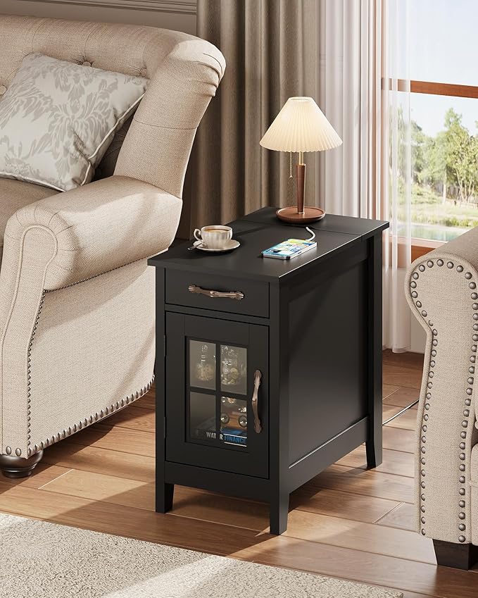 WLIVE End Table with Charging Station, Narrow Side Table for Living Room, Farmhouse Night Stand with Storage, Small Wooden Cabinet Nightstand with USB Ports and Outlets, 23.7" D x 13.78" W x 23.7" H
