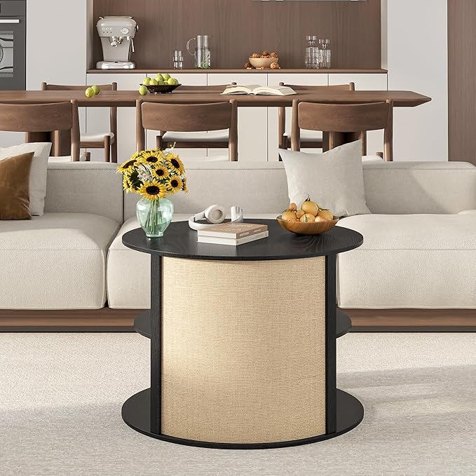 Black Round Coffee Table with Storage, 2-Tier Boho Wood Center Coffee Table with Adjustable Shelf, Sackcloth Finish, Farmhouse, Mid Century Modern, for Living Room, 27.5 Inches